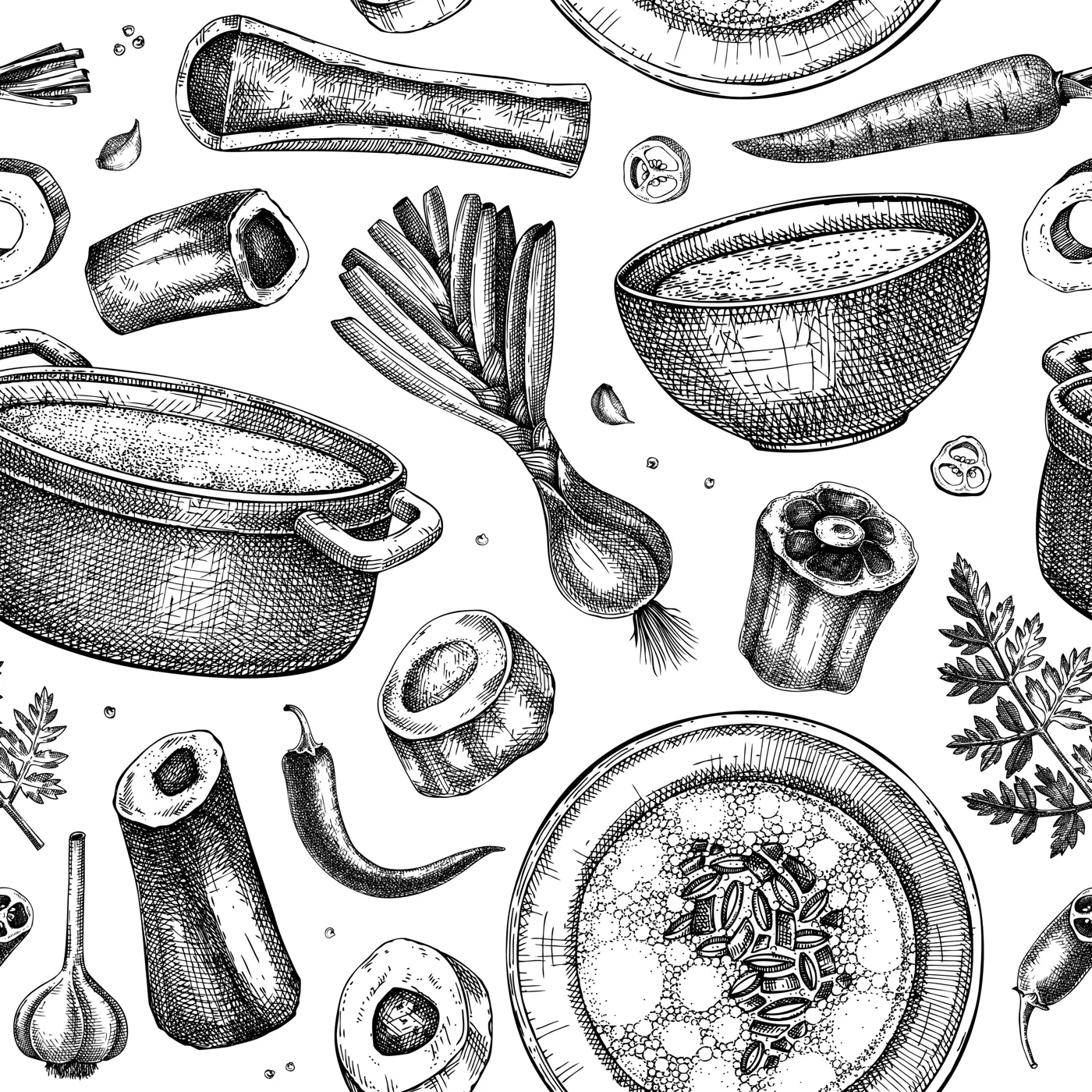 Healthy food background. Marrow bone broth, hot soup served on plates, pans, bowls, vegetables, organ meat, marrow bones sketches. Hand drawn vector illustrations. Homemade food seamless pattern Illustration